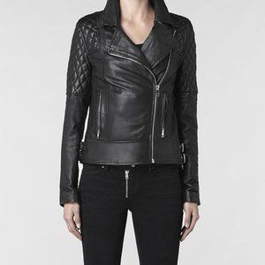 ALL SAINTS Walker Quilted Black Leather Moto Jacket US 6 Excellent Condition